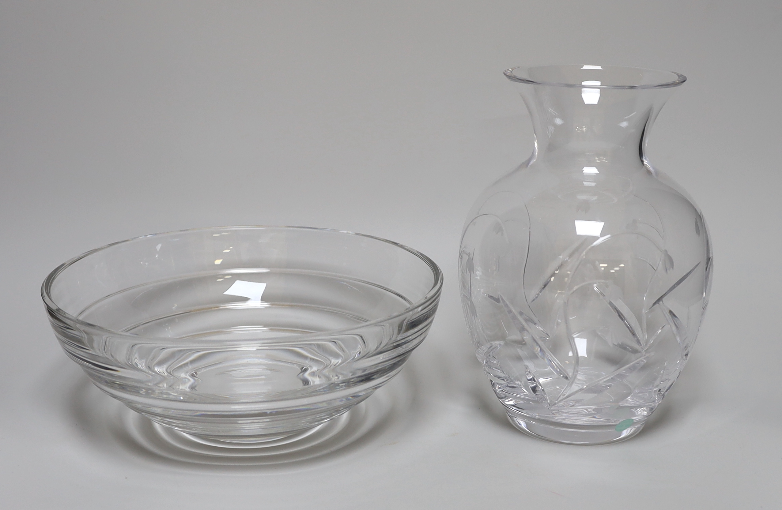 A boxed Tiffany glassvase other glassware and porcelain tea wares, Tiffany vase 23cm high